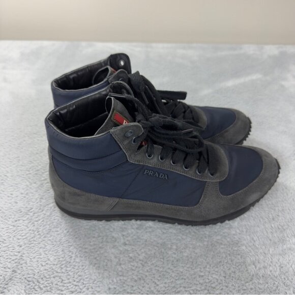 Prada Hi Top Grey/Blue Nylon and Suede High Top Sneaker Sz 7.5 US/6.5 UK/40.5 EU - Picture 1 of 14